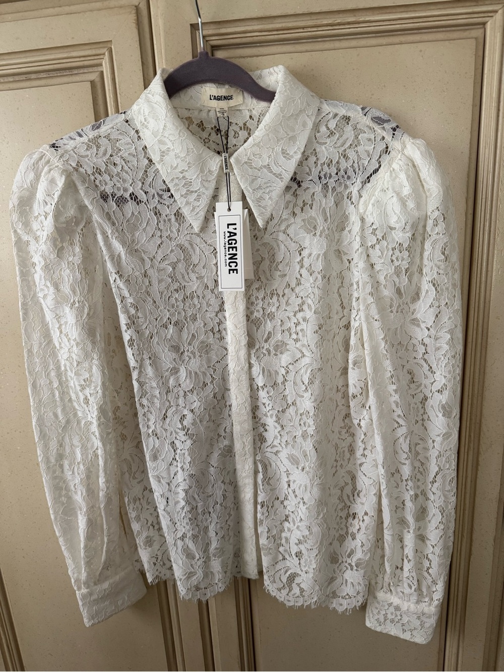 L'AGENCE Cream Floral Lace Puff-Sleeve Blouse